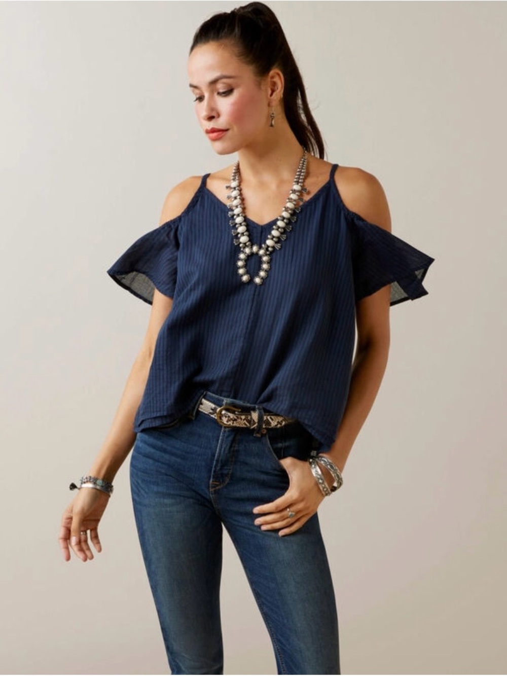 Ariat Navy Cold-Shoulder Ruffle Top